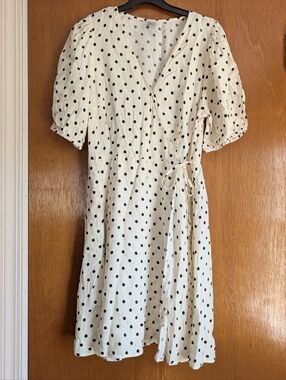 Women's Polka Dot Wrap Dress in White and Black Cute Cottagecore Medium